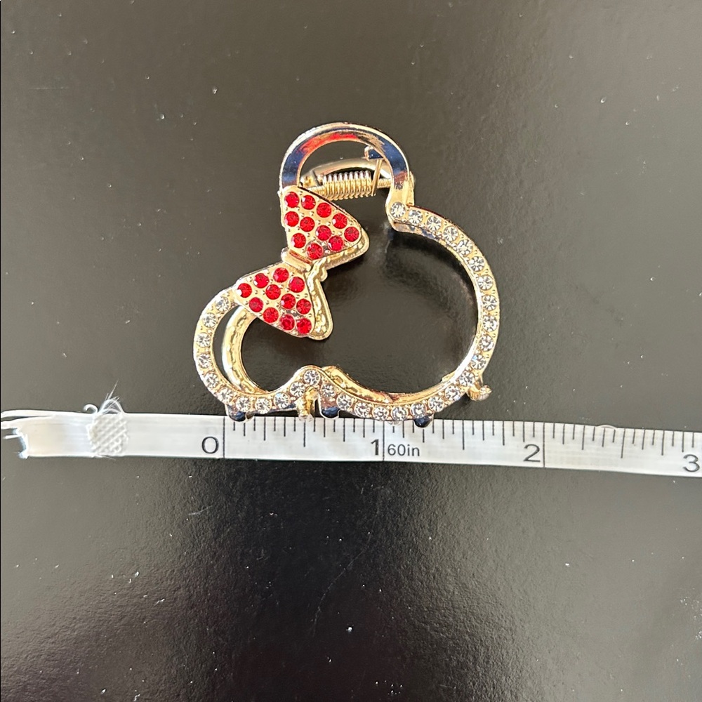 Minnie Mouse Gold Hair Clip with Clear Crystal Outline and Red Bow Detail New - Picture 6 of 10